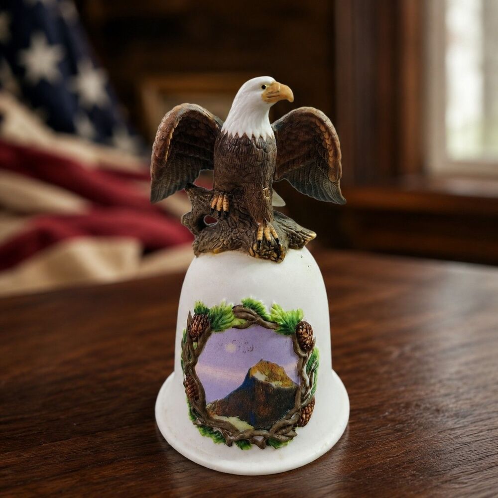Bald Eagle Mountain Scene Porcelain Collector Bell Figurine 5.5” Patriotic Décor